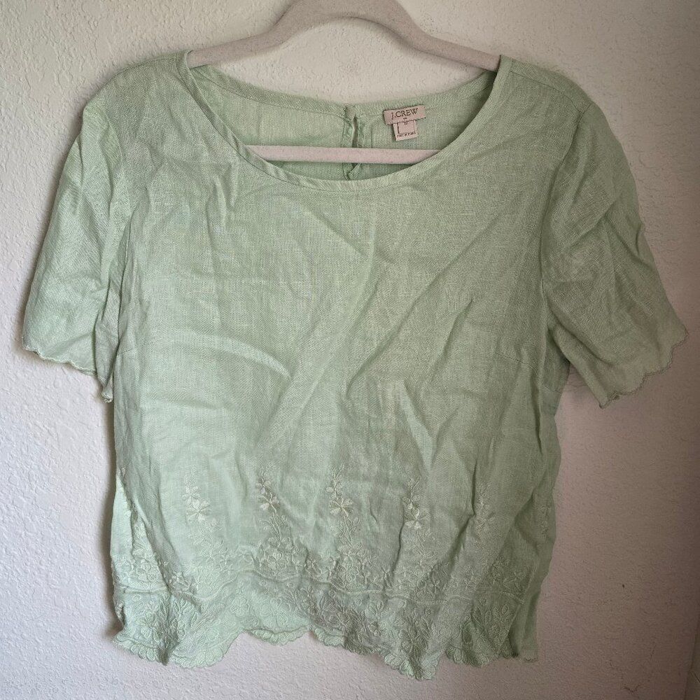 J. Crew Embroidered Mint Scalloped Hemmed 100% Linen Crew Neck Blouse